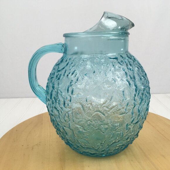 Anchor Hocking Lido Milano Aqua Blue Glass Ball Pitcher Ice Lip - Picture 3 of 7